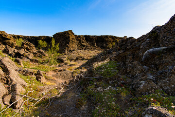Fototapeta na wymiar Dimmuborgir, a large area of unusually shaped lava fields, east of Myvatn, Iceland