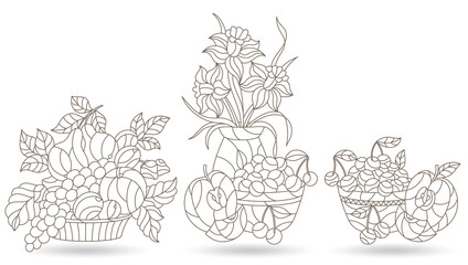 Fototapeta premium Set of contour illustrations in stained glass style with still lifes, Lily flowers and fruits, dark outlines on a white background