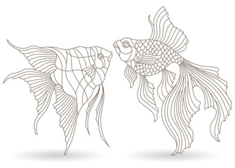 Set of contour illustrations in stained glass style with aquarium fish, dark outlines on a white background