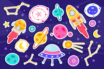 Big space vector flat illustration, set of elements, icons. Isolated on background. Rocket, alien spaceship, planet, star, moon, asteroid, meteor, constellation, space probe, galaxy. Sticker sheet.