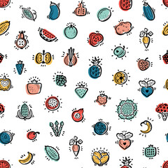 Food Seamless pattern. Set of Doodle Fruits, Vegetables and Berries Icons Vector repeating background

