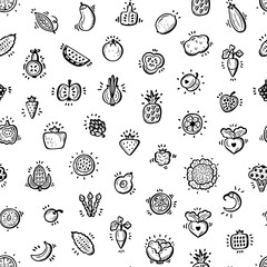 Food Seamless pattern. Set of Doodle Fruits, Vegetables and Berries Icons Vector repeating background
