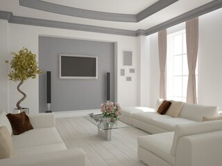 modern room with curtains and sofa interior design. 3D illustration