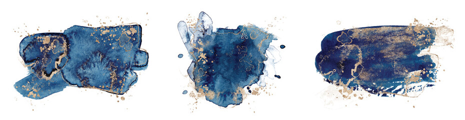 Abstrakte Aquarellblau- und -goldformen auf weißem Hintergrund. Farbspritzer handgezeichneter Vektor