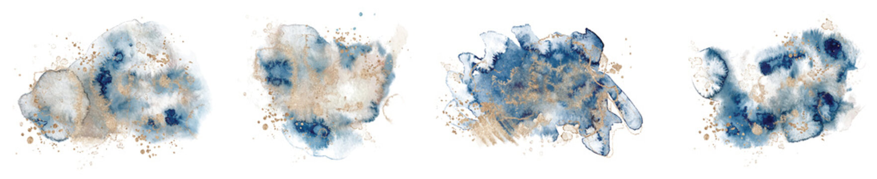 Abstract watercolor blue and gold shapes on white background. Color splashing hand drawn vector