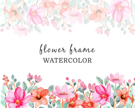 watercolor background with pink flowers and green leaves