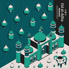 Eid al Adha Background isometric. Islamic Arabic mosque, lanterns and sheep. Greeting card. Festival of the Sacrifice. Vector illustration.