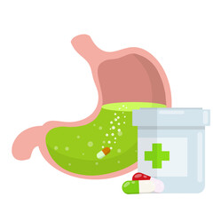 Stomach and pill. Dissolving drug. Disease of human internal organ. Cartoon flat illustration. Taking medicine. Medical care. Pain in belly. Capsule and digestion. Oral preparation application