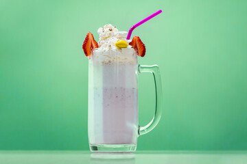 milkshake with strawberries and cream on a green background