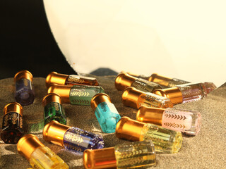 Arabian oud attar perfume in mini bottles.