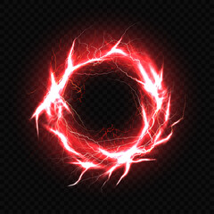 Electric ball, lightning plasma sphere, circle strike impact place in red color with lens flare effect isolated on black background. Powerful electrical discharge Realistic 3d vector illustration