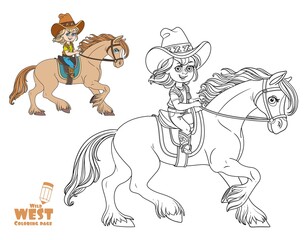 Cute little girl in a cowboy suit riding a horse coloring page on a white background