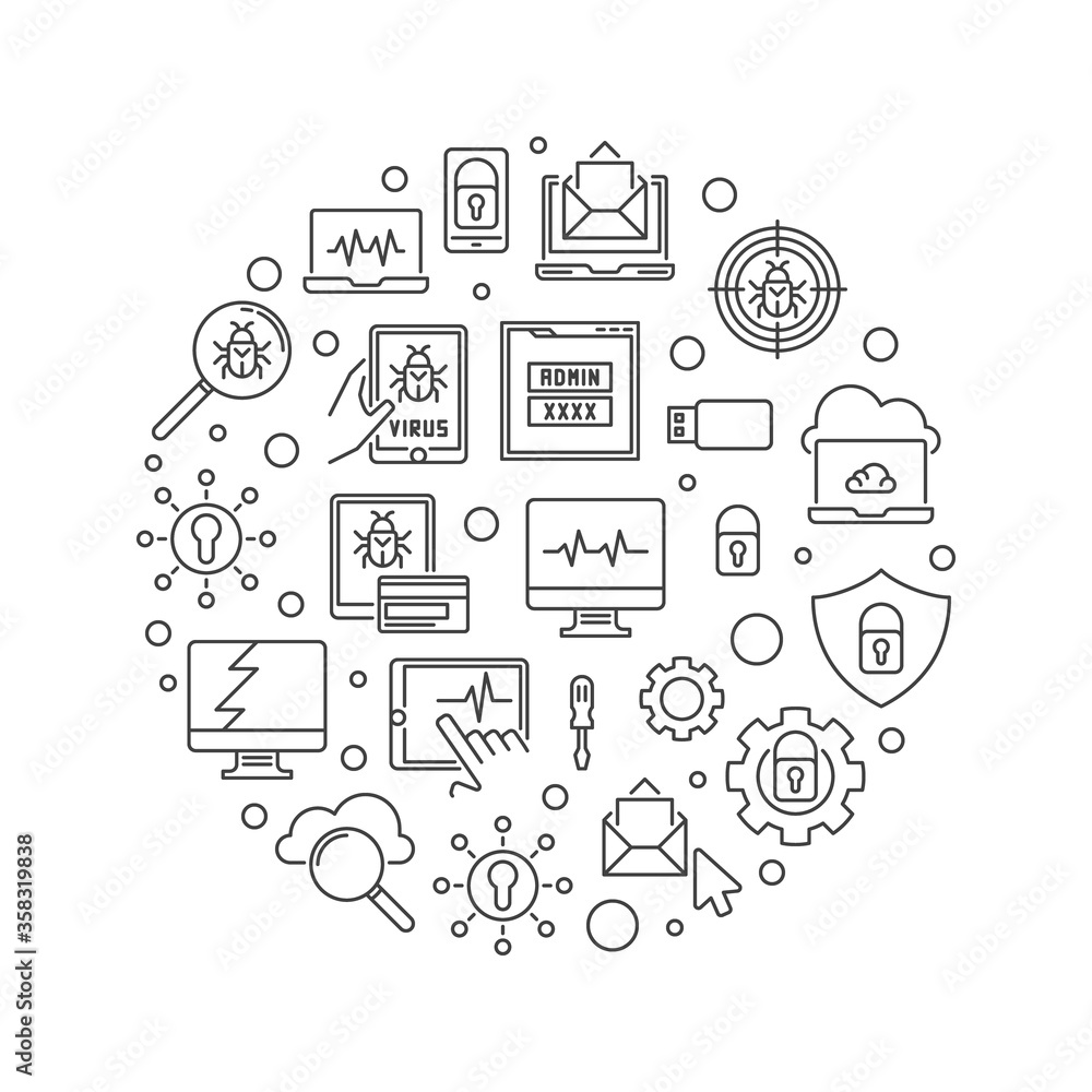 Poster vector computer virus circular concept simple illustration in outline style