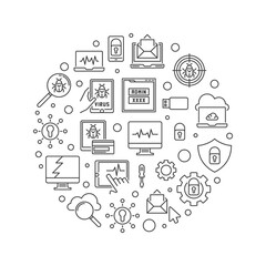 Vector Computer Virus circular concept simple illustration in outline style