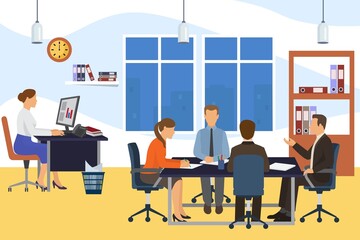Office business meeting team people, vector illustration. Teamwork at cartoon table, group character brainstorming and flat work discussion. Corporate work with computer, company presentation.