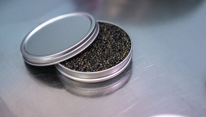 Quality black caviar with sturgeon. Workshop for the production of a quality product. Beluga and trout in the food industry. Stock photo