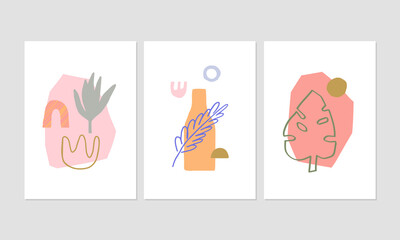 Set of 3 modern creative posters for home decor, invitation, greeting card designs. Abstract colorful illustrations with hand drawn design elements, plants, geometric shapes.