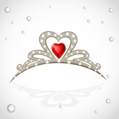 Golden tiara with diamonds and faceted red stone on white background © Azuzl