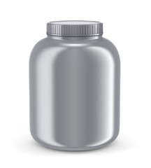 Gray plastic protein powder jar on white