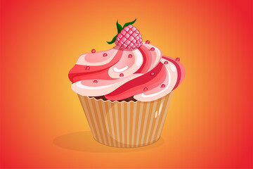 Cupcake with raspberries on an orange background. Vector illustration of a cupcake. Baking concept. Cupcake for advertising, banner template, flyer, birthday card.