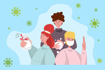 Prevention, self-protection and health care concept COVID-19. Man wash his hands, another man wear protective mask and woman disinfect objects. Trendy vector stock illustration in cartoon flat style.