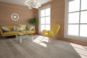 modern room with yellow sofa, chair and mirror table interior design. 3D illustration