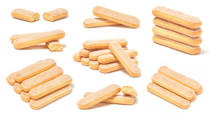 Set of italian desserts and sponge cookies, lady fingers or savoiardi biscuit, isolated on white background