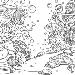 Underwater world with corals, anemones, moray eels and ramp outlined on white background