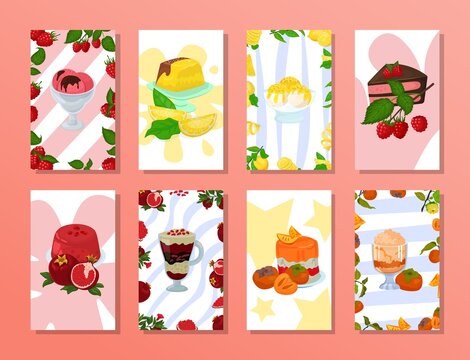 Ice cream food and cake poster, retro dessert vector illustration. Vintage snack shop card, sweet fresh menu banner. Chocolate berry decoration, delicious frozen and baked dessert.