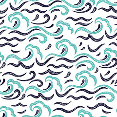 Sea Waves Vector Seamless pattern. Hand drawn Doodle Wave. Cartoon Sea or Ocean White Blue Background

