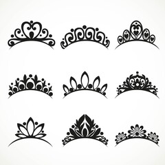 Silhouettes of tiaras of various shapes with flowers and hearts on a white background © Azuzl