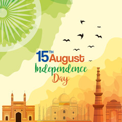 famous monuments of india in background 15th august for happy independence day vector illustration design