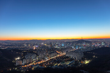 Fototapeta na wymiar View of Seoul City Skyline and Seoul Tower at Sunrise South Korea
