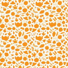 Thanksgiving Day Symbols Vector Background. Autumn Harvest icons Seamless Pattern. Silhouettes of Turkey Bird, Berries, Fruit, Vegetables, Leaves, Ears Of Wheat, Thanksgiving Hat and Pumpkin pie

