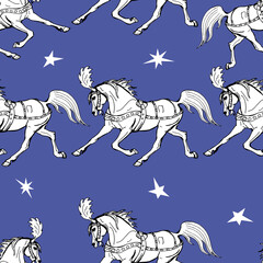seamless background, circus horses on blue backgrounds