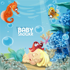 Fototapeta na wymiar Baby shower with sleeping sweet newborn mermaid