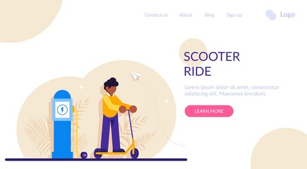 Scooter ride concept. Electric scooter on the background of a charging station. Modern flat illustration.