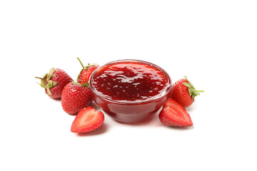 Strawberry and bowl with jam isolated on white background