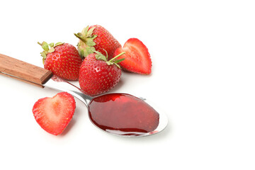 Strawberry and spoon with strawberry jam isolated on white background