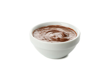 Bowl with melted chocolate isolated on white background