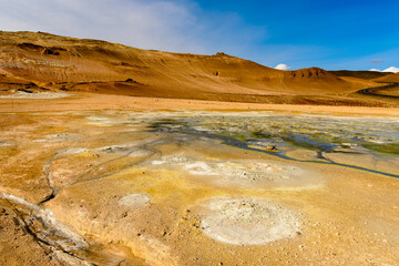 Nature of Namafjall, a high-temperature geothermal area with fumaroles and mud pots in Iceland