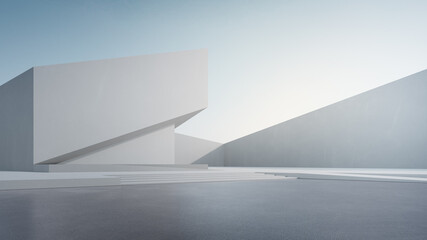Empty concrete floor for car park. 3d rendering of abstract white building with blue sky background.