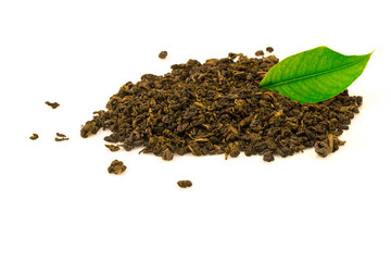 Heap of tea green, black with green leaf plant. Isolated on white background.