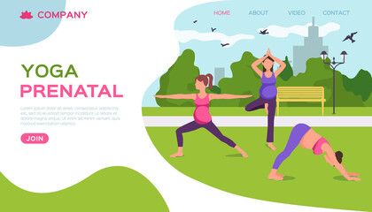 Yoga in park nature, vector illustration. Pregnant female fitness, mother health lifestyle and maternity. Motherhood relaxation and flat sport. Training with belly, exercise pose outdoor.