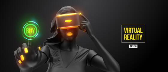 VR headset, online shopping. Woman, wearing virtual reality glasses on black background. Woman buys a goods in one click. Vector. You will also find a original jpeg for this image in my portfolio