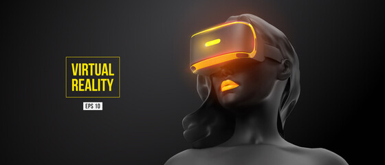 VR headset, online shopping. Woman, wearing virtual reality glasses on black background. Woman buys a goods in one click. Vector. You will also find a original jpeg for this image in my portfolio
