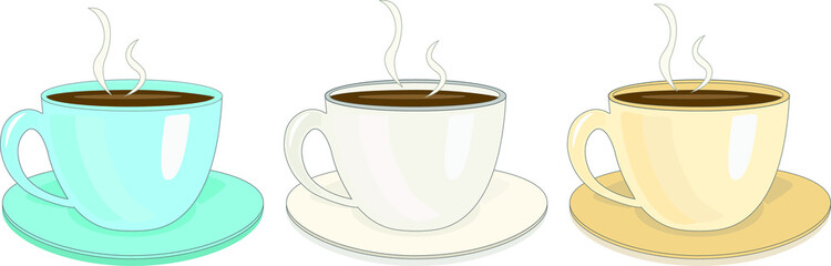 Three cups with coffee with steam. Colorful cups of tea. Vector illustration cups.