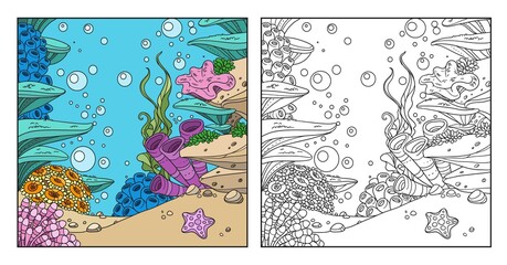 Underwater world with corals, seaweed, anemones coloring page on white background