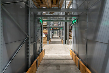 Goods on shelves of distribution center warehouse