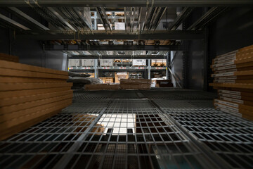 Goods on shelves of distribution center warehouse